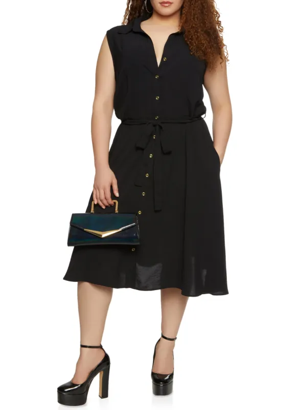 Plus Size Sleeveless Button Front Tie Waist Shirt Dress sold by Rainbow