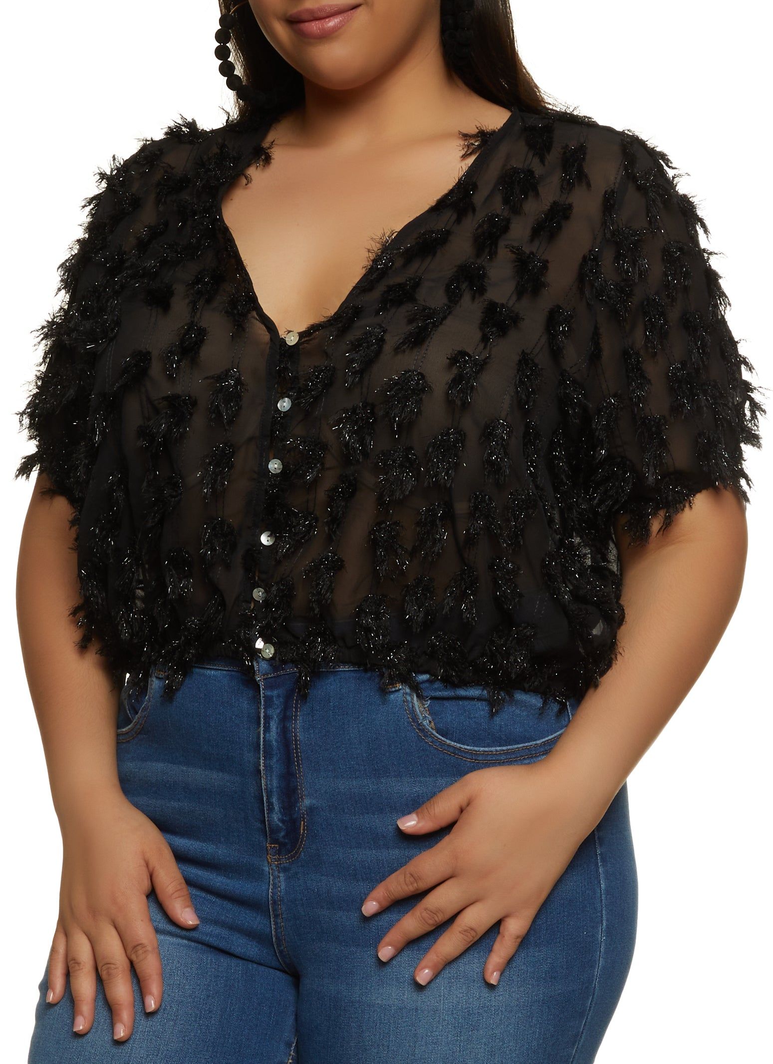 Plus Size Chiffon Fringe V Neck Blouse sold by Rainbow