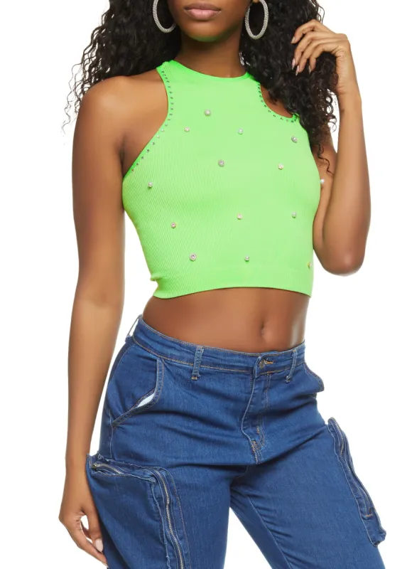 Seamless Ribbed Faux Pearl Rhinestone Keyhole Tank Top sold by Rainbow