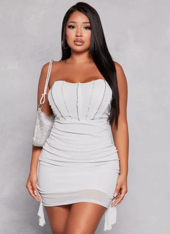 Rhinestone Ruched Corset Strapless Mini Dress sold by Rainbow