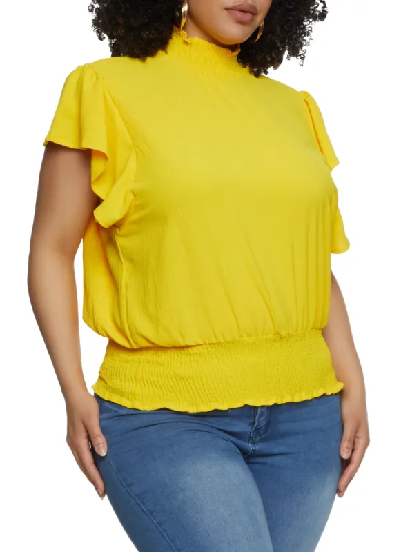 Plus Size Gauze Knit Smocked Mock Neck Blouse sold by Rainbow