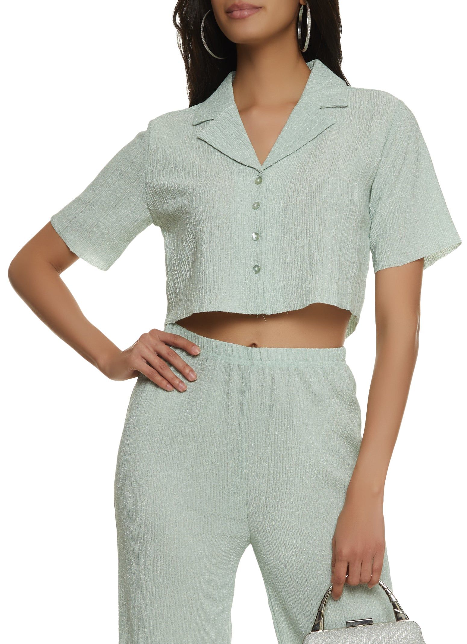 Textured Knit Button Front Cropped Shirt sold by Rainbow