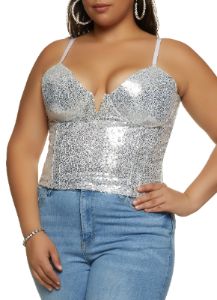 LAYERED SPANGLE SHORT BUSTIER 新品未使用Mサイズ Plus Size Sequin Notch Neck Bustier Top | Parallel