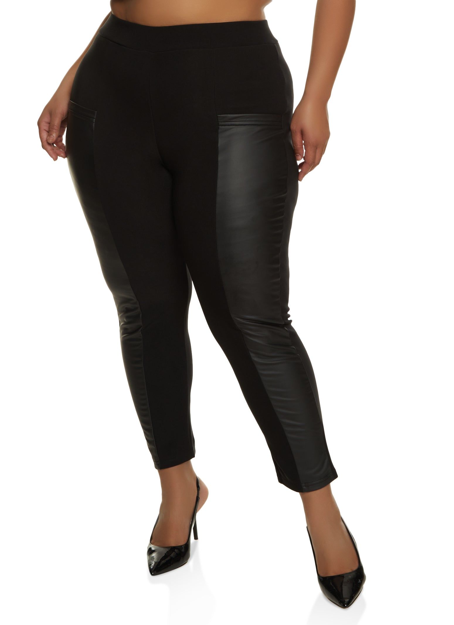 Plus Size High Waist Faux Leather Detail Scuba Pants sold by Rainbow