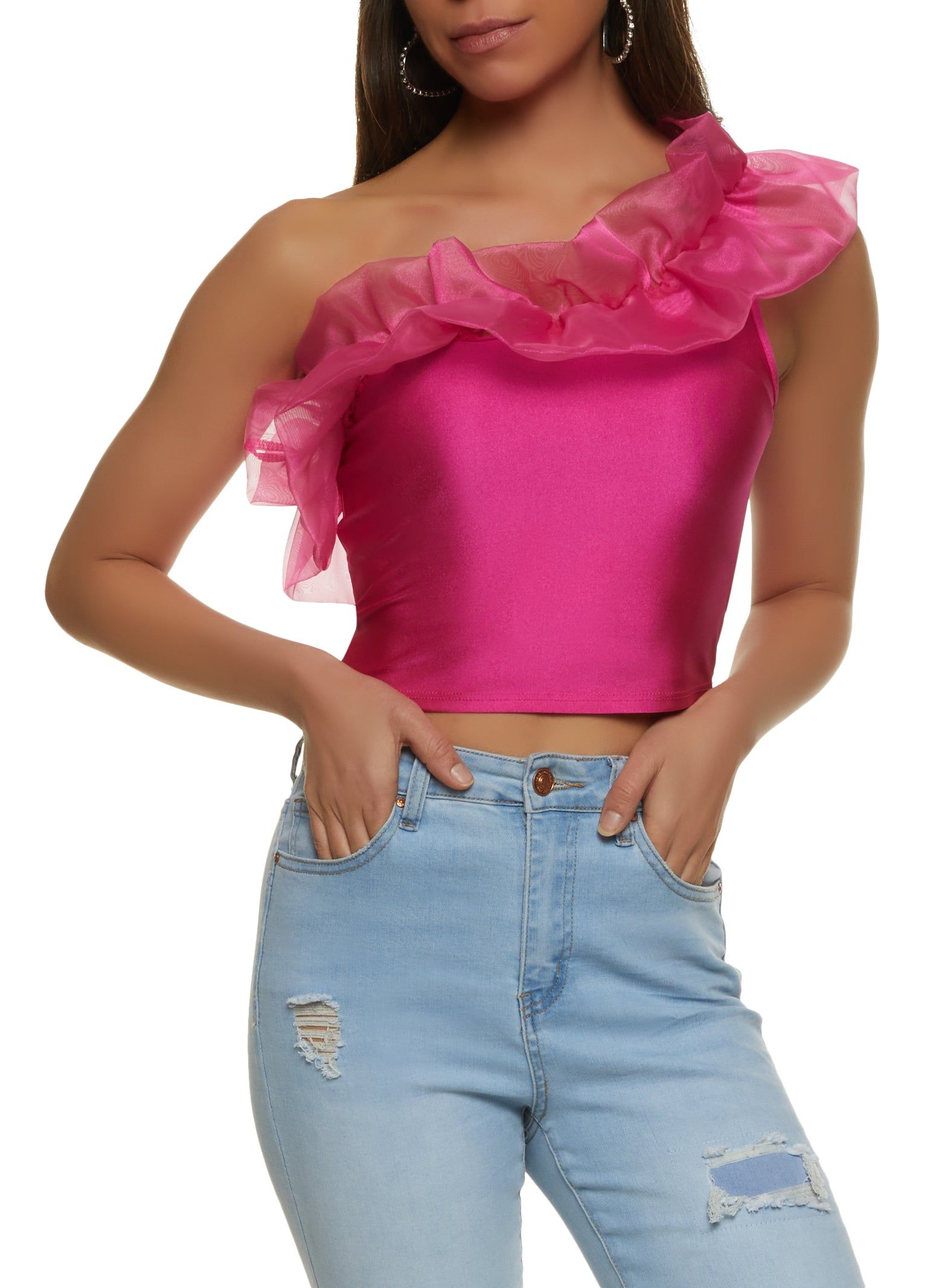 Organza One Shoulder Crop Top sold by Rainbow
