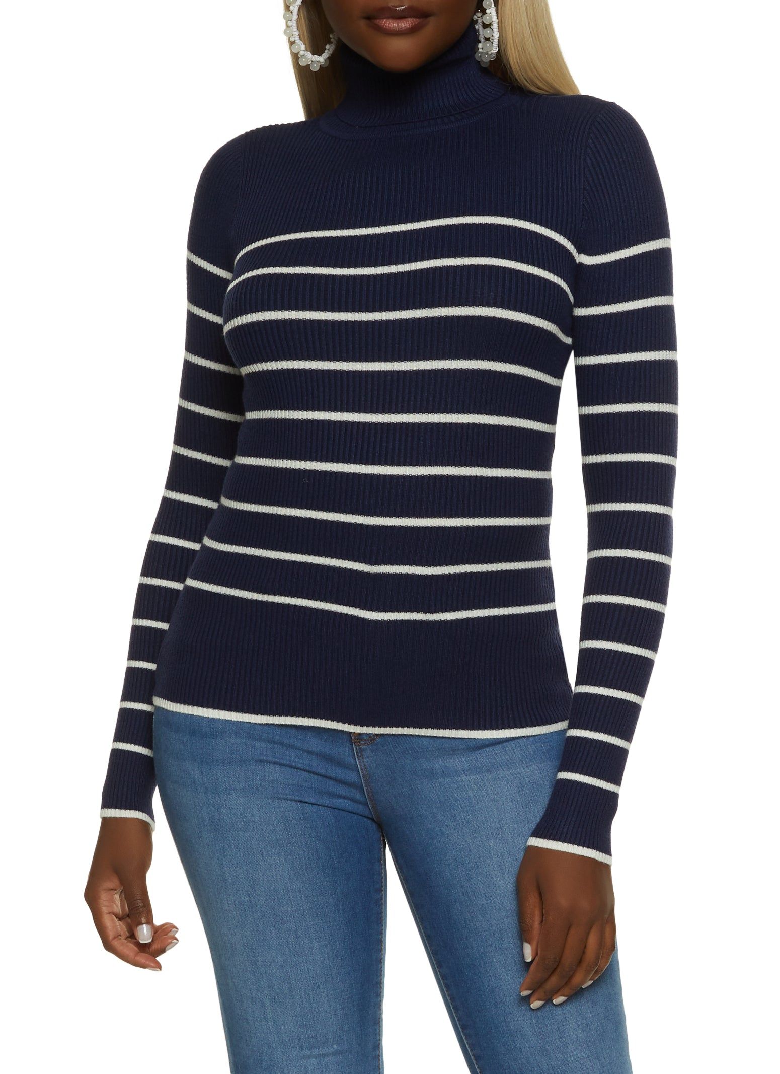 Striped Rib Knit Turtleneck Top sold by Rainbow