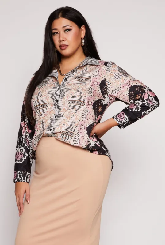 Plus Size Printed Long Sleeve Button Front Shirt sold by Rainbow
