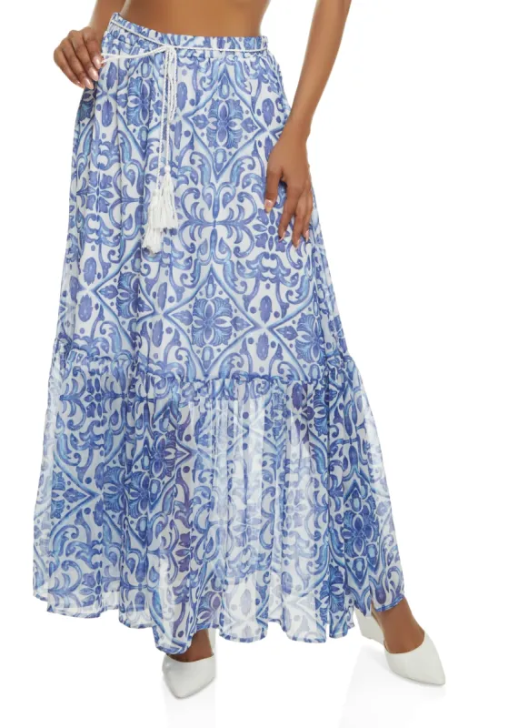 Printed Chiffon Tiered Maxi Skirt sold by Rainbow