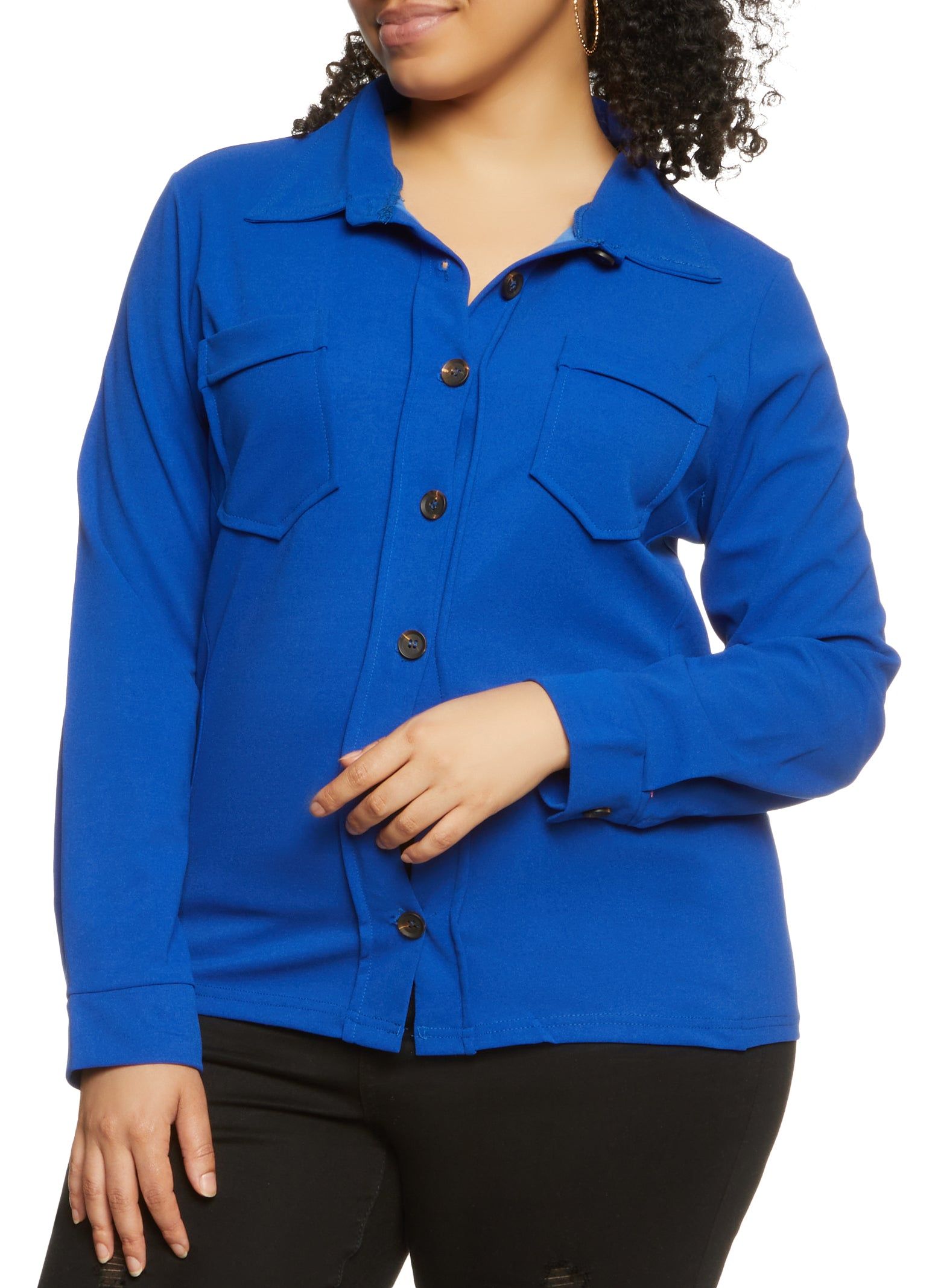 Plus Size Solid Crepe Knit Button Down Shirt sold by Rainbow
