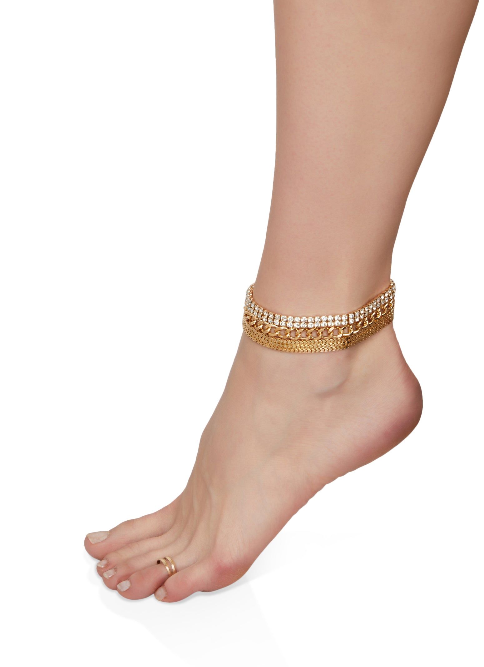 Chain Rhinestone Anklet Trio with Toe Ring sold by Rainbow