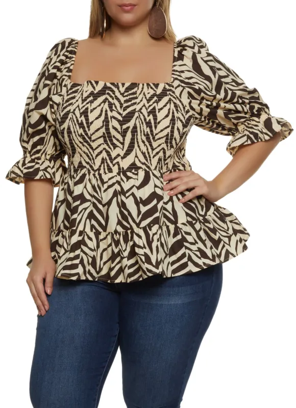 Plus Size Printed Smocked Puff Sleeve Top sold by Rainbow