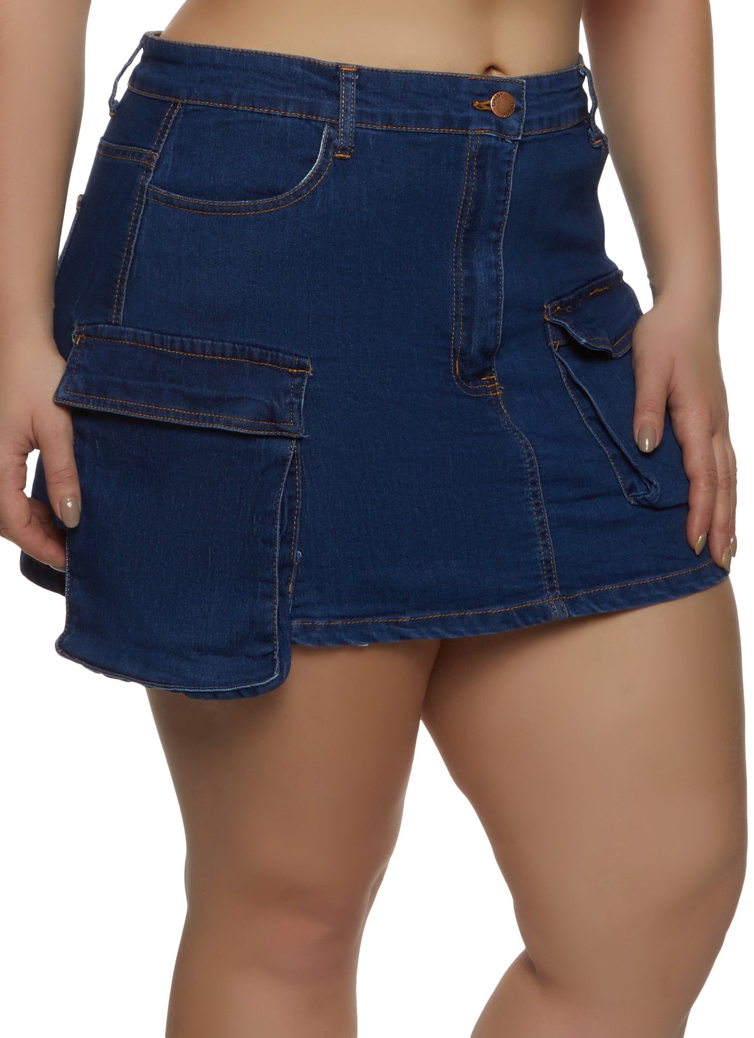 Plus Size Denim Cargo Pocket Mini Skirt sold by Rainbow