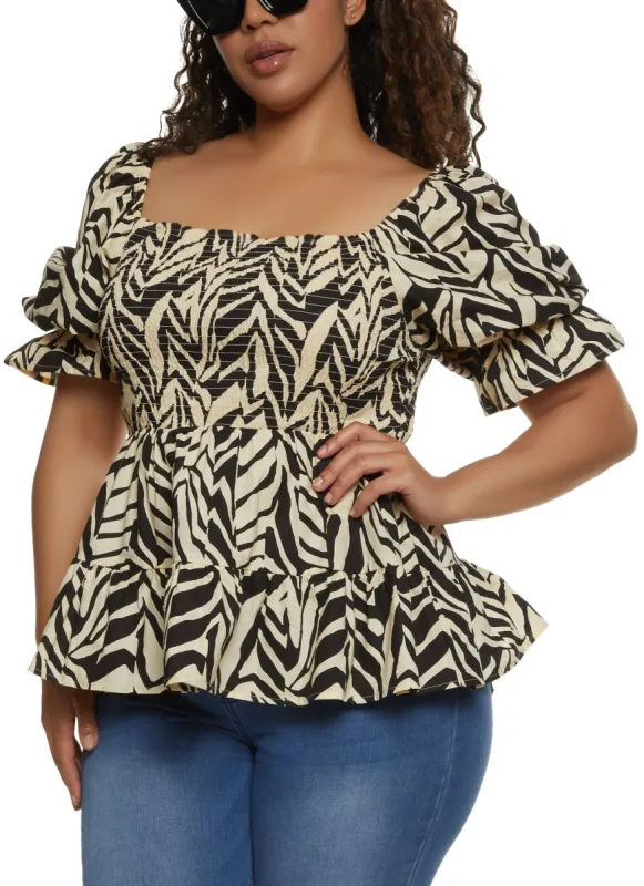 Plus Size Printed Smocked Puff Sleeve Top sold by Rainbow
