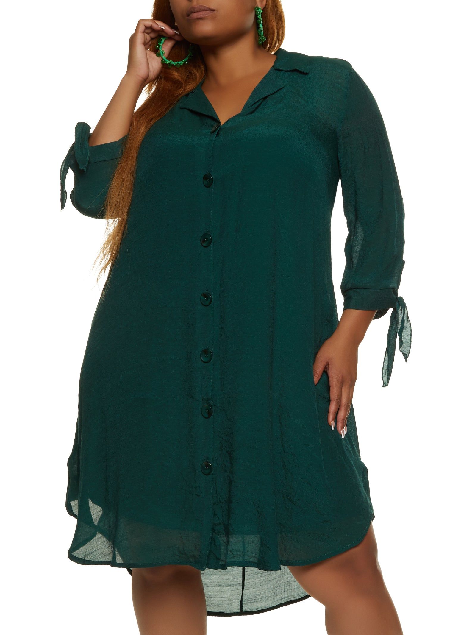 Plus Size Quarter Tie Sleeve Midi Shirt Dress sold by Rainbow