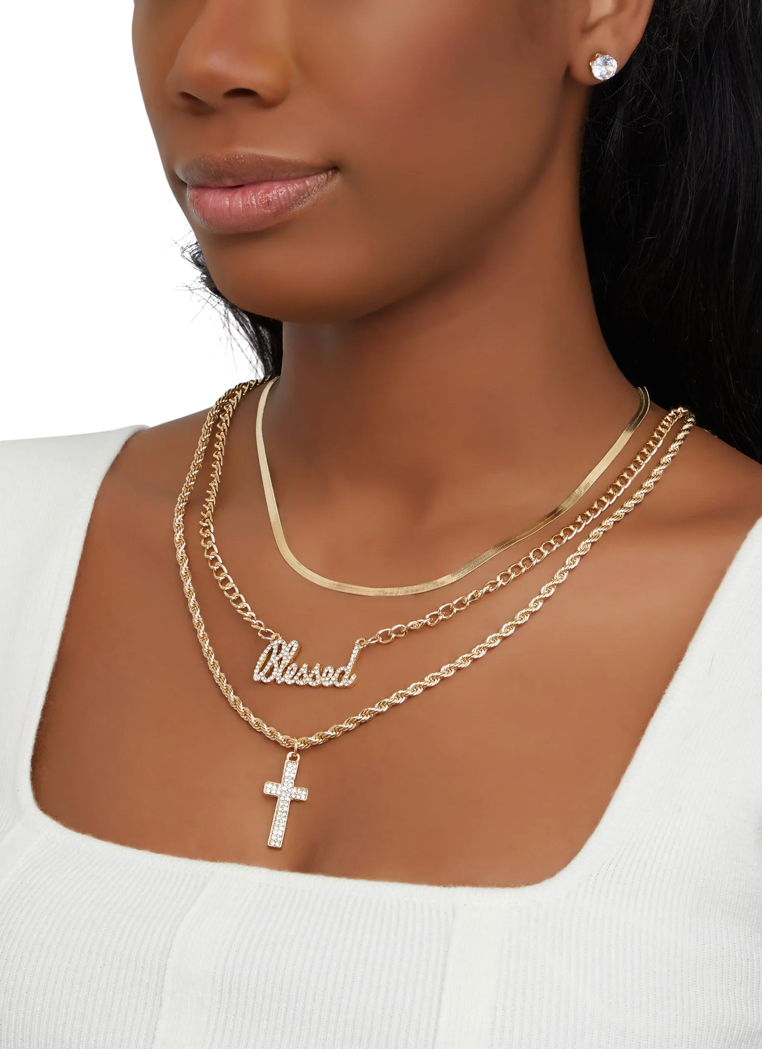 Blessed Cross Layered Necklace with Stud Earring Trio Set sold by Rainbow product image thumbnail 2