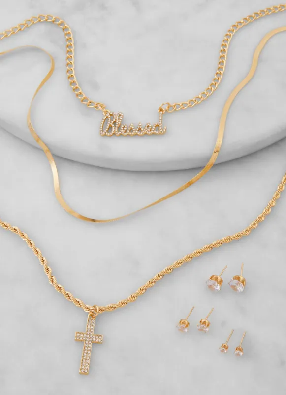 Blessed Cross Layered Necklace with Stud Earring Trio Set sold by Rainbow