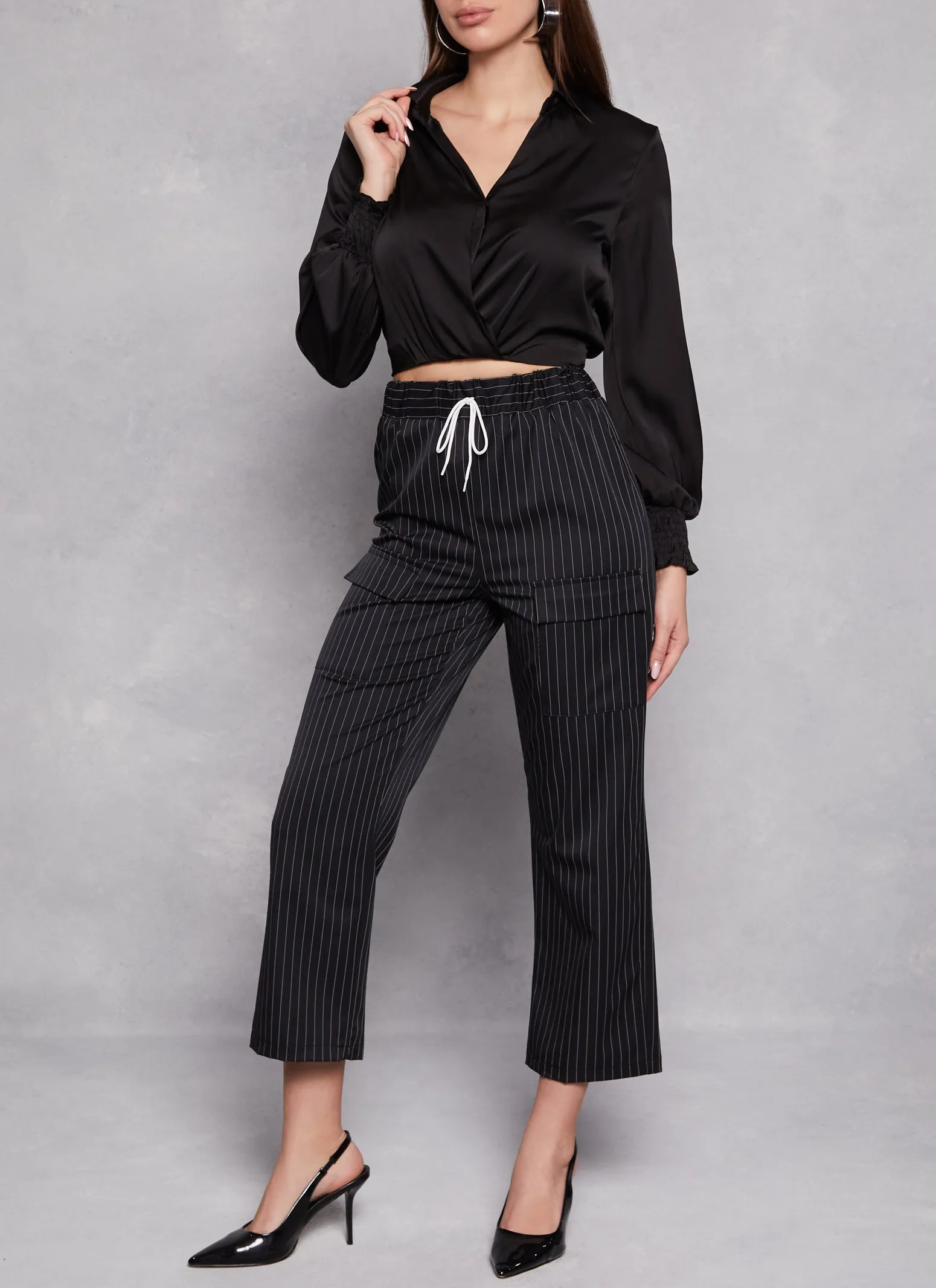 Pinstripe Faux Drawstring Cargo Pocket Pants sold by Rainbow