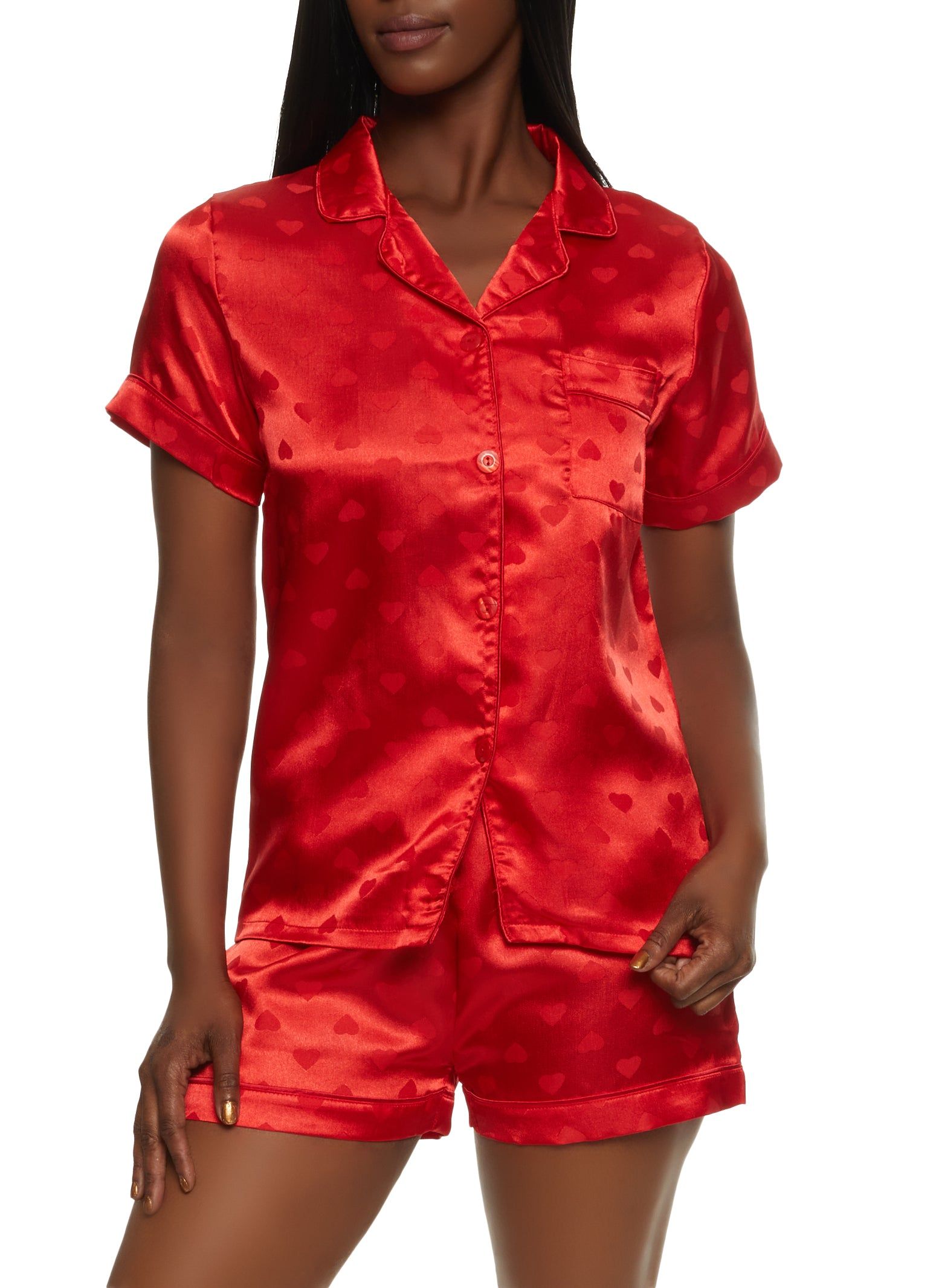 Satin Heart Print Notch Collar Pajama Shirt and Shorts sold by Rainbow