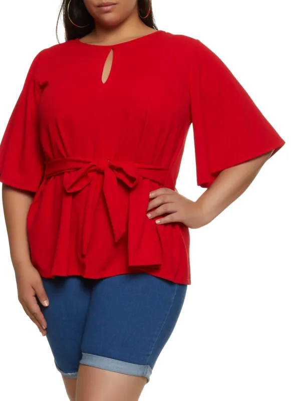 Plus Size Crepe Knit Keyhole Tie Waist Blouse sold by Rainbow