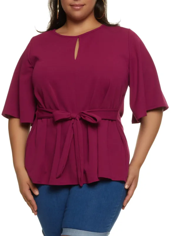 Plus Size Crepe Knit Keyhole Tie Waist Blouse sold by Rainbow