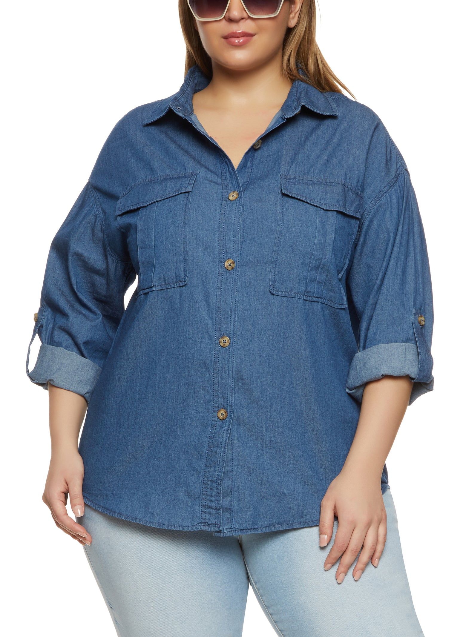 Plus Size Denim Button Front Tabbed Sleeve Shirt sold by Rainbow