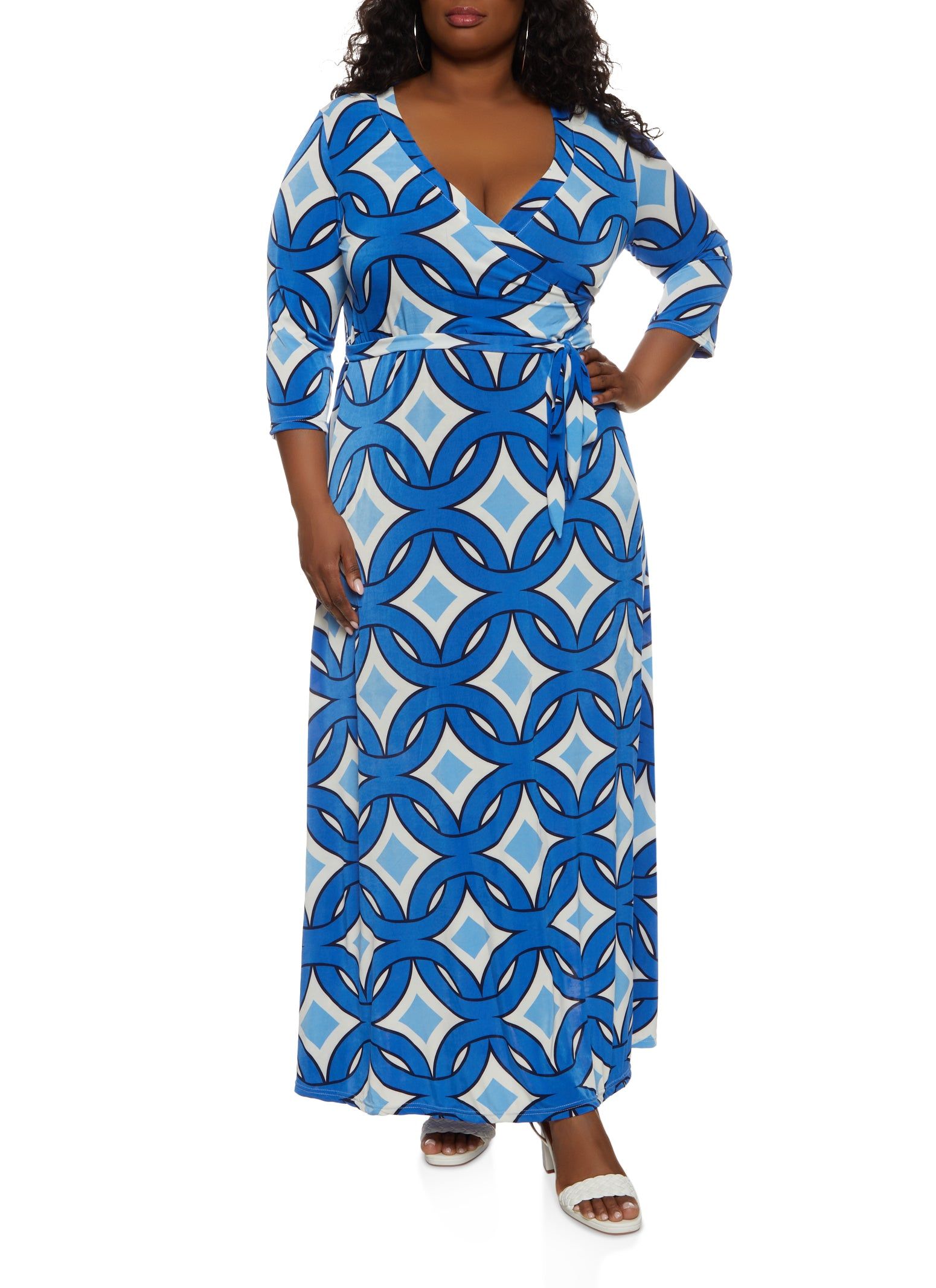 Plus Size V Neck Geo Print Faux Wrap Maxi Dress sold by Rainbow
