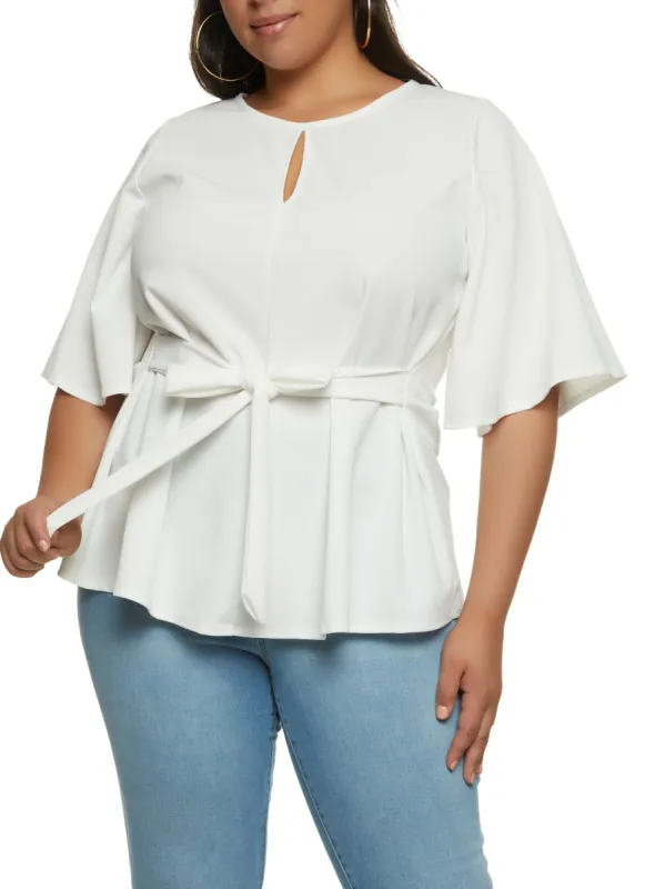 Plus Size Crepe Knit Keyhole Tie Waist Blouse sold by Rainbow