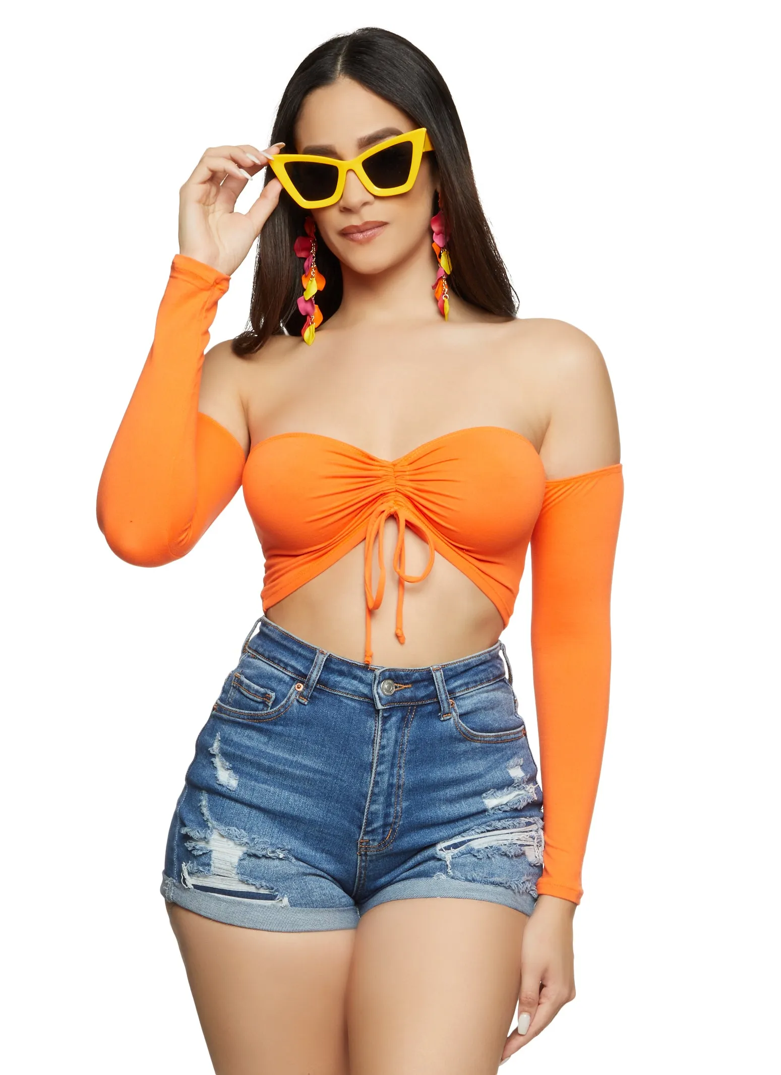 Almost Famous Ruched Off the Shoulder Crop Top sold by Rainbow