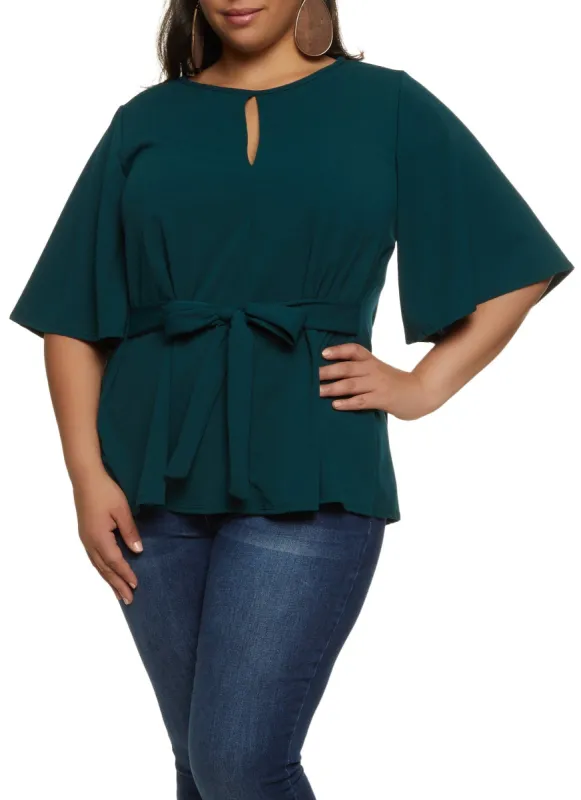 Plus Size Crepe Knit Keyhole Tie Waist Blouse sold by Rainbow