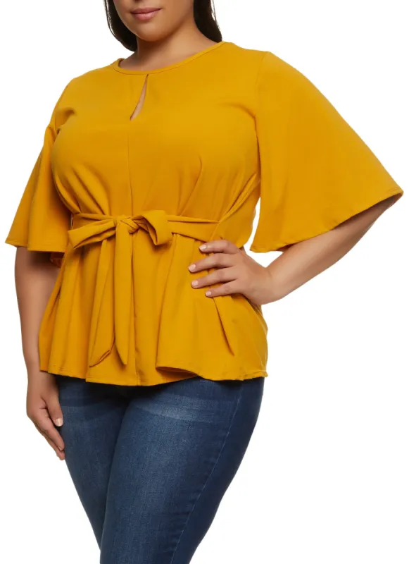 Plus Size Crepe Knit Keyhole Tie Waist Blouse sold by Rainbow