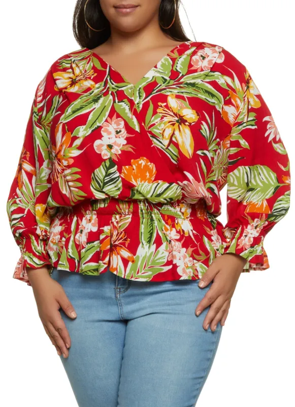 Plus Size Floral Print Smocked Wrap Top sold by Rainbow