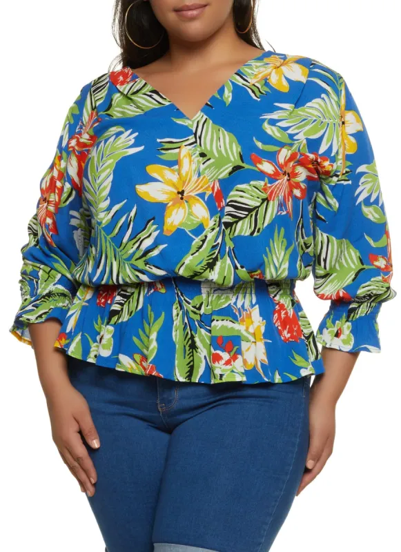 Plus Size Floral Print Smocked Wrap Top sold by Rainbow