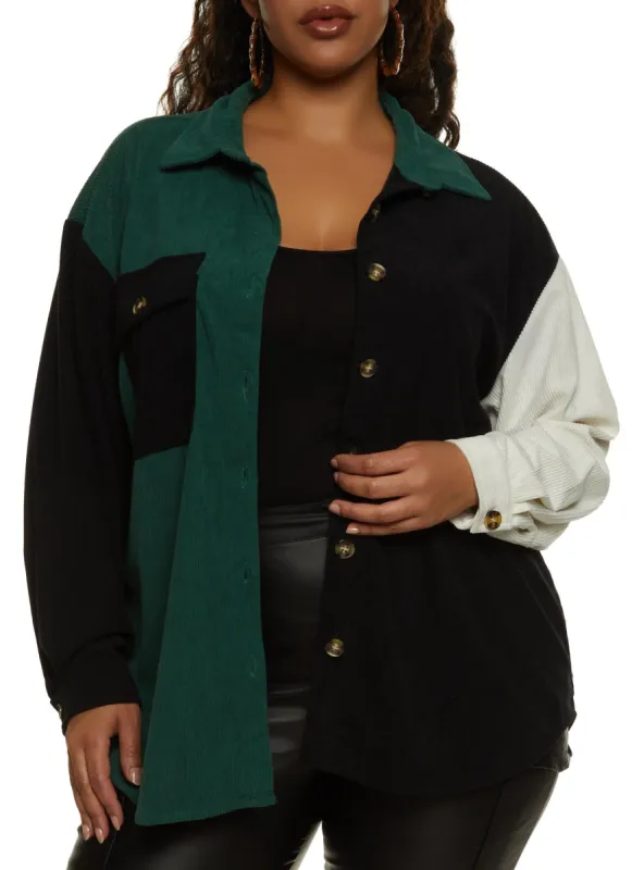 Plus Size Corduroy Button Front Shacket sold by Rainbow