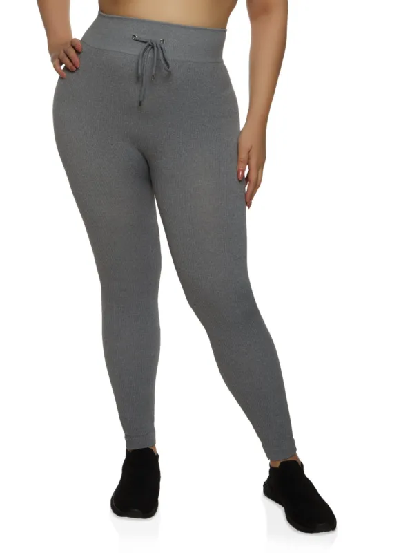 Plus Size Seamless Ribbed Faux Drawstring Leggings sold by Rainbow