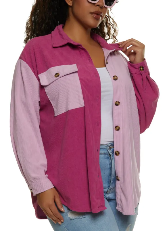 Plus Size Corduroy Button Front Shacket sold by Rainbow