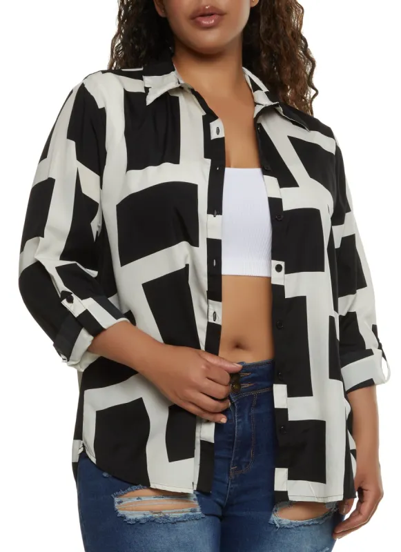 Plus Size Geometric Print Button Down Shirt sold by Rainbow