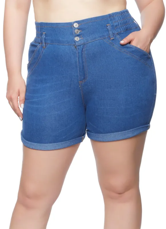 Plus Size Smocked Waist Denim Shorts sold by Rainbow