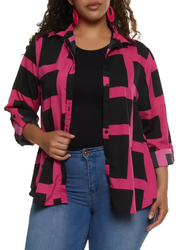 Plus Size Geometric Print Button Down Shirt sold by Rainbow