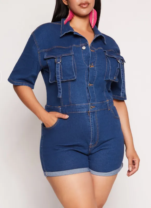 Plus Size Daisy Denim Utility Romper sold by Rainbow