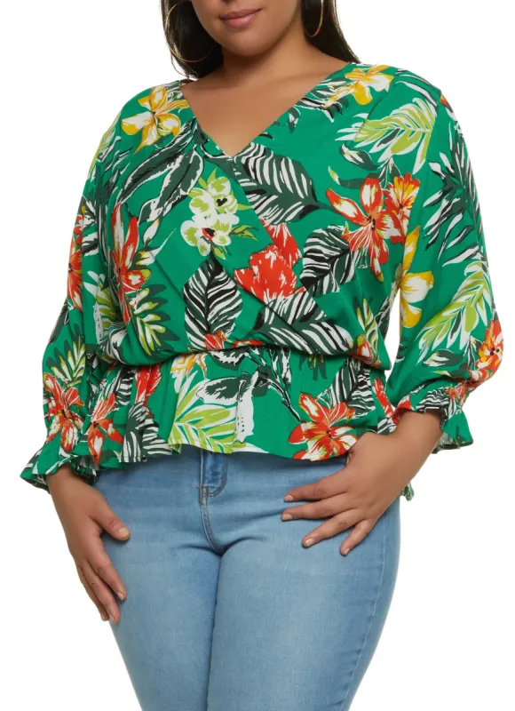 Plus Size Floral Print Smocked Wrap Top sold by Rainbow