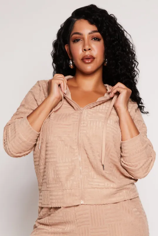 Plus Size Chenille Patterned Zip Front Hoodie sold by Rainbow