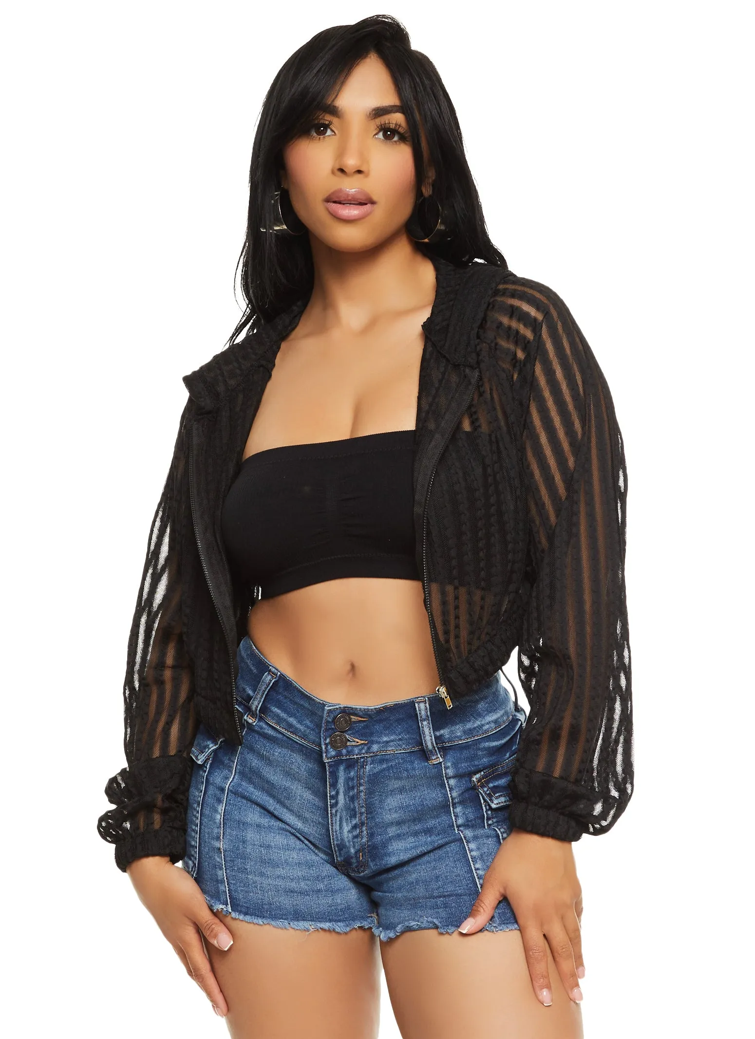 Mesh Shadow Striped Zip Front Cropped Hoodie sold by Rainbow