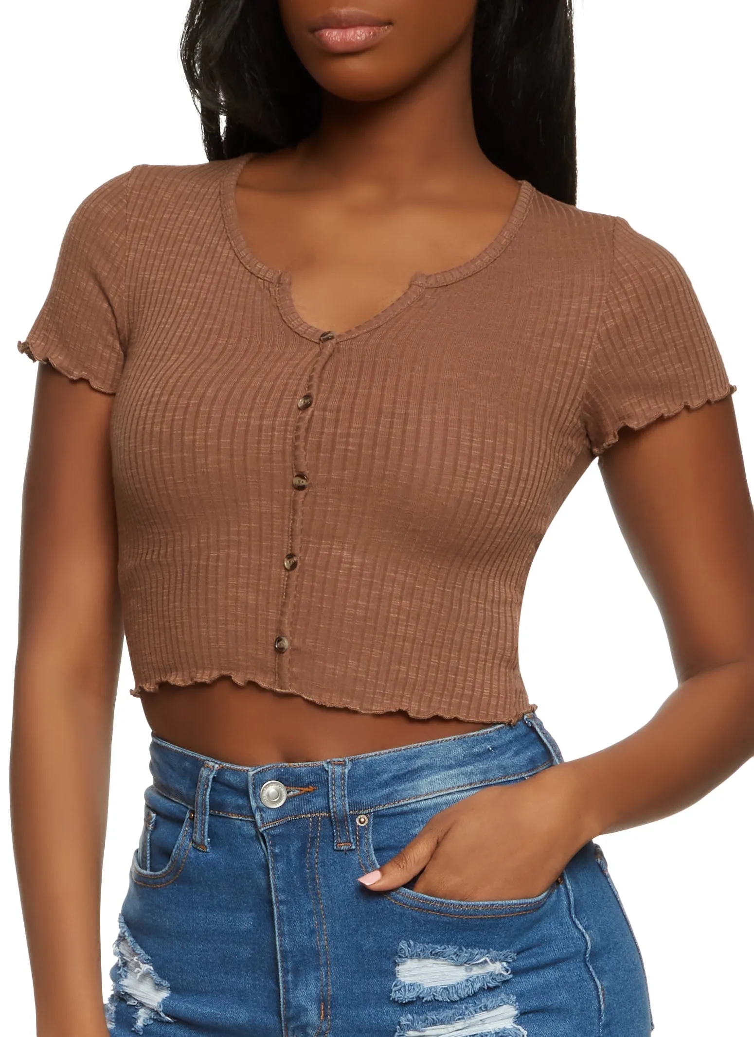 Lettuce Edge Notch Neck Crop Top sold by Rainbow