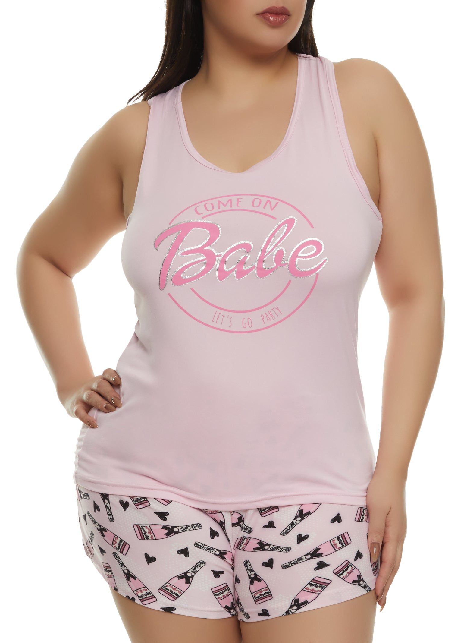 Plus Size Come On Babe Foil Pajama Tank Top and Shorts sold by Rainbow