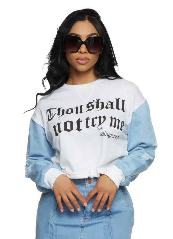 Thou Shall Not Try Me Denim Distressed Sleeve Crop Top sold by Rainbow