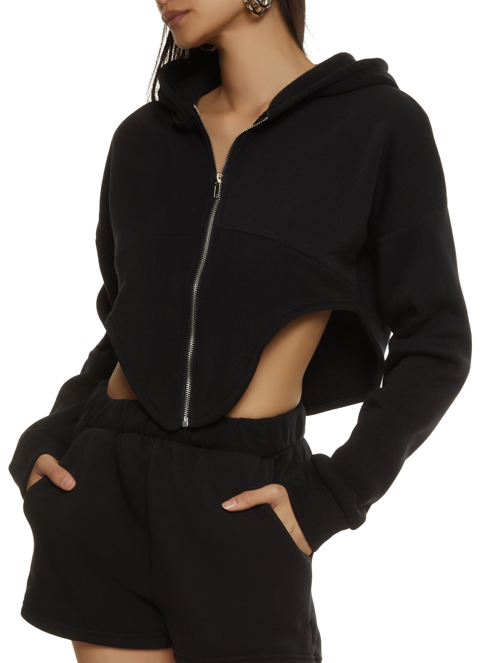 Fleece V Cut Zip Up Cropped Hoodie sold by Rainbow