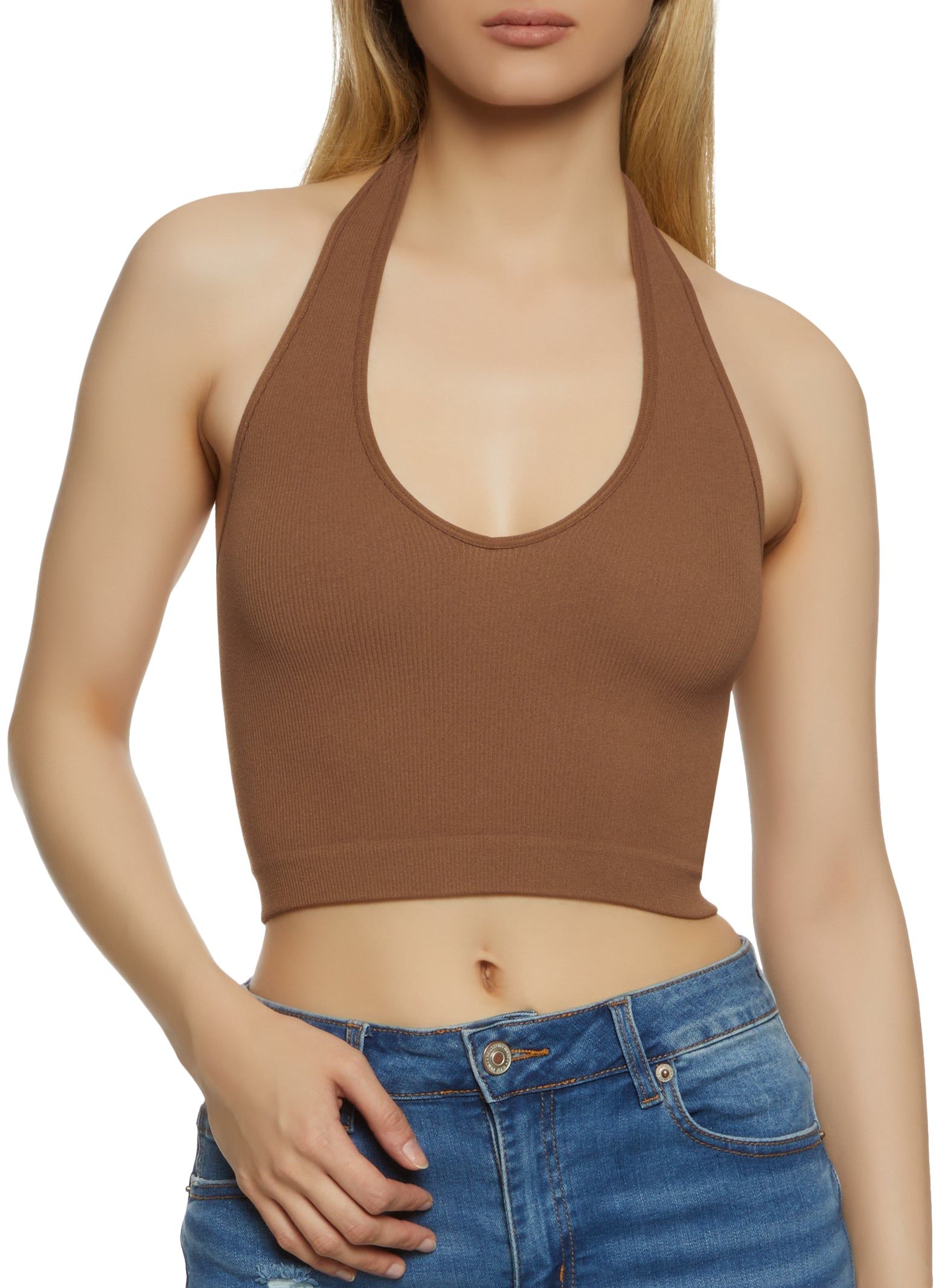 Compression Rib Halter Crop Top sold by Rainbow