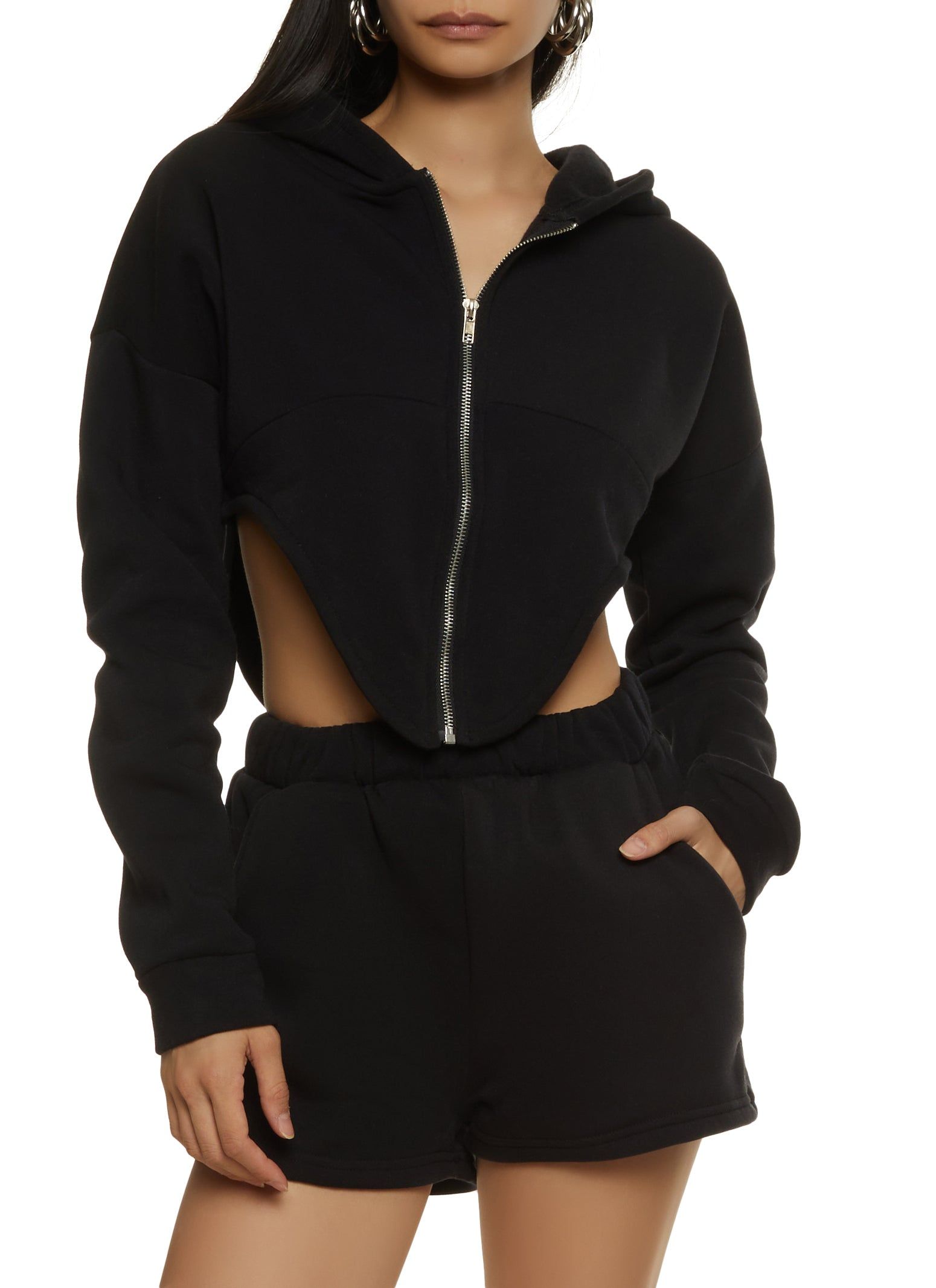 Fleece V Cut Zip Up Cropped Hoodie sold by Rainbow product image thumbnail 2
