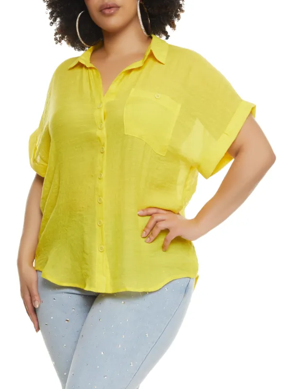 Plus Size Button Front High Low Shirt sold by Rainbow