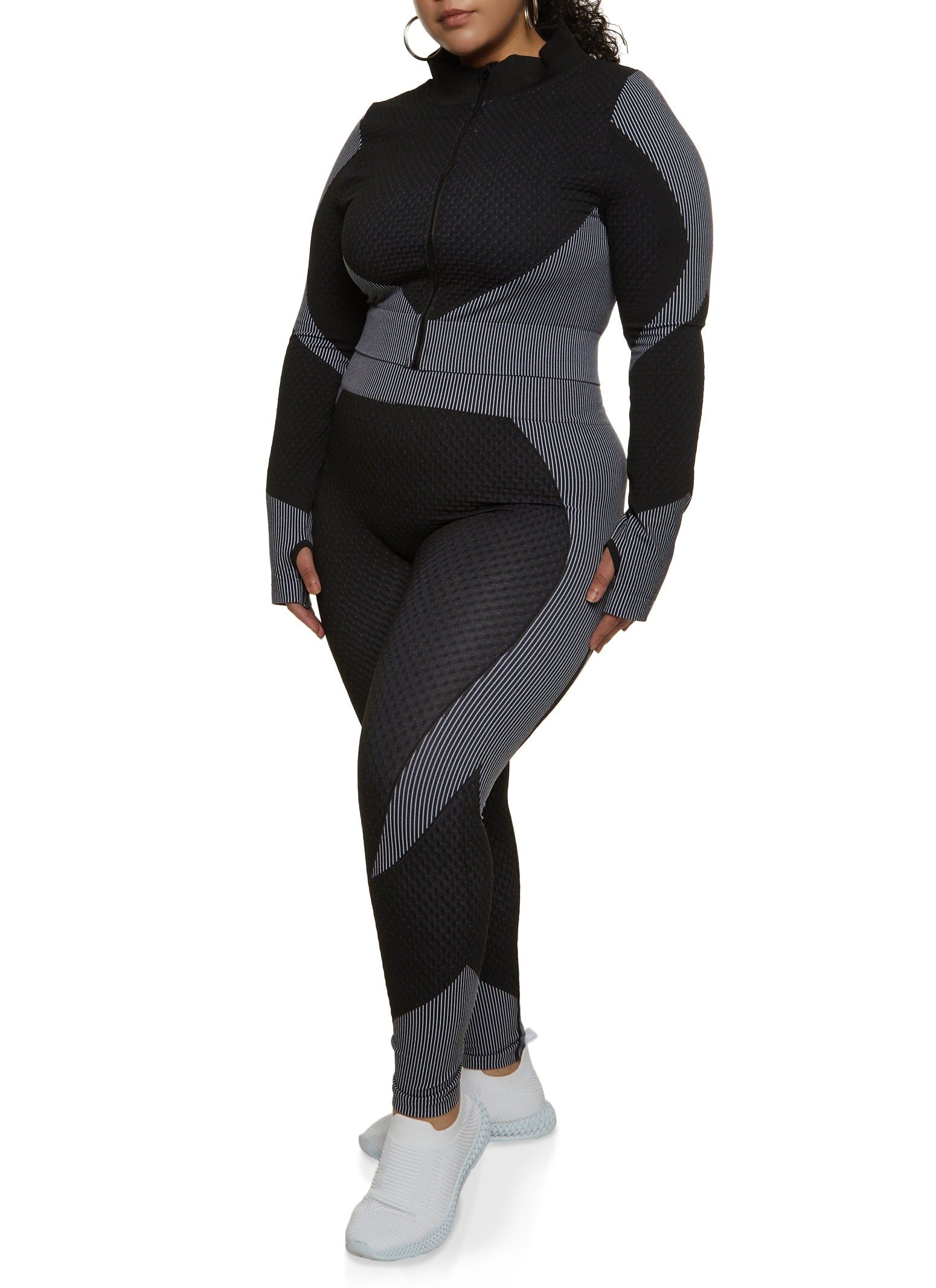 Plus Size Seamless Striped Detail Waffle Knit Track Jacket sold by Rainbow product image thumbnail 2